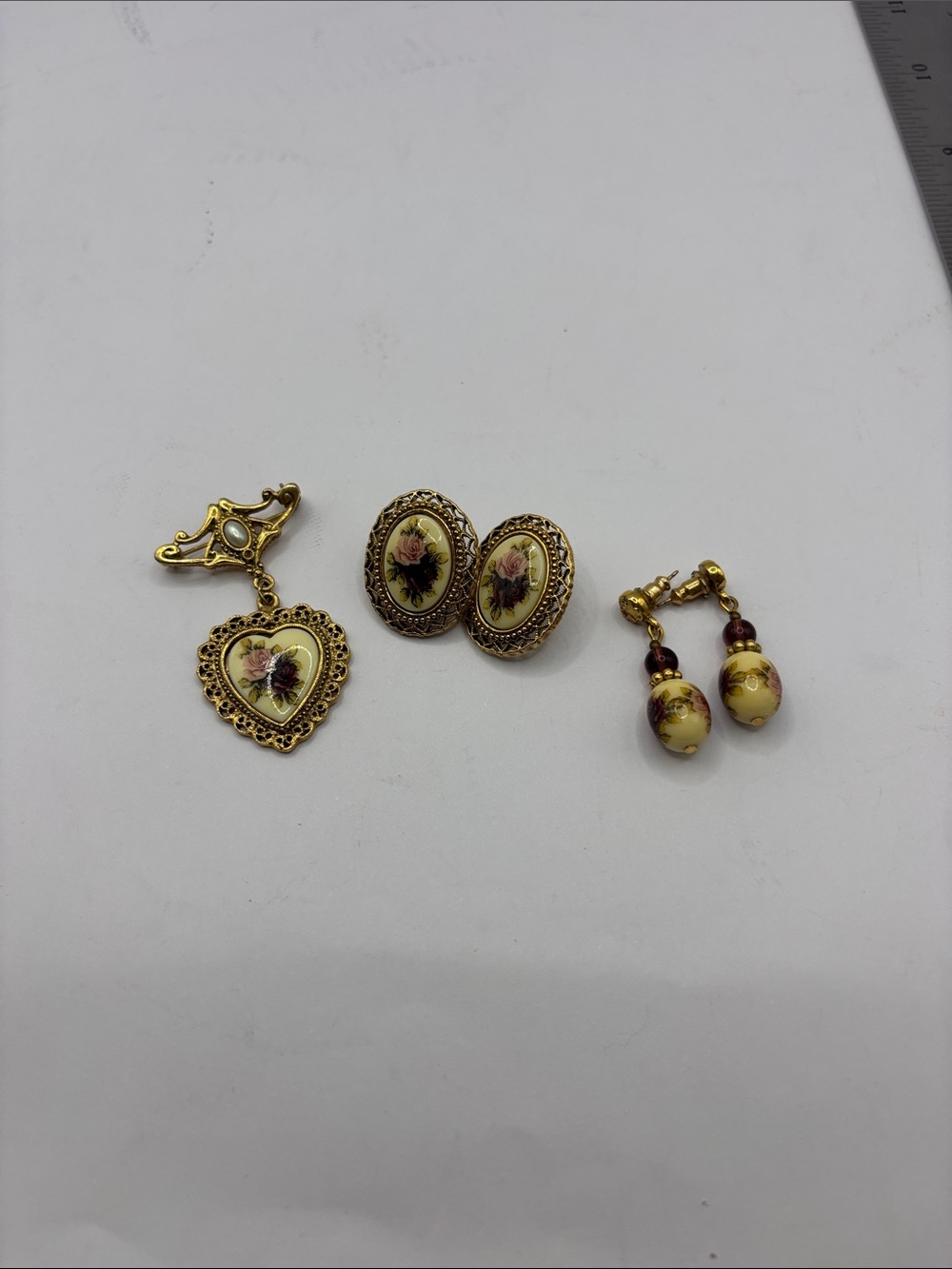 1928 Gold-Tone Floral Porcelain Brooch and 2 pair Earrings Set - Yellow